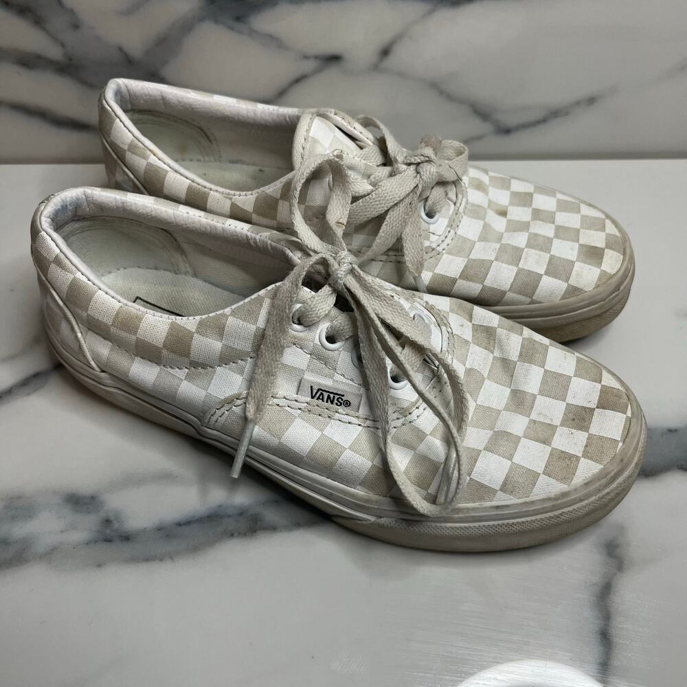 Vans Kids Cream White Checkerboard Low Top Lace Up Shoes Sz 3 Skateboard Punk